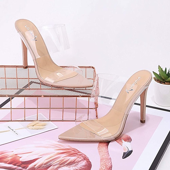 Vivianly Shoes - Vivianly Clear Pointed Toe Sandals Stiletto Heels Transparent Strap  for Women